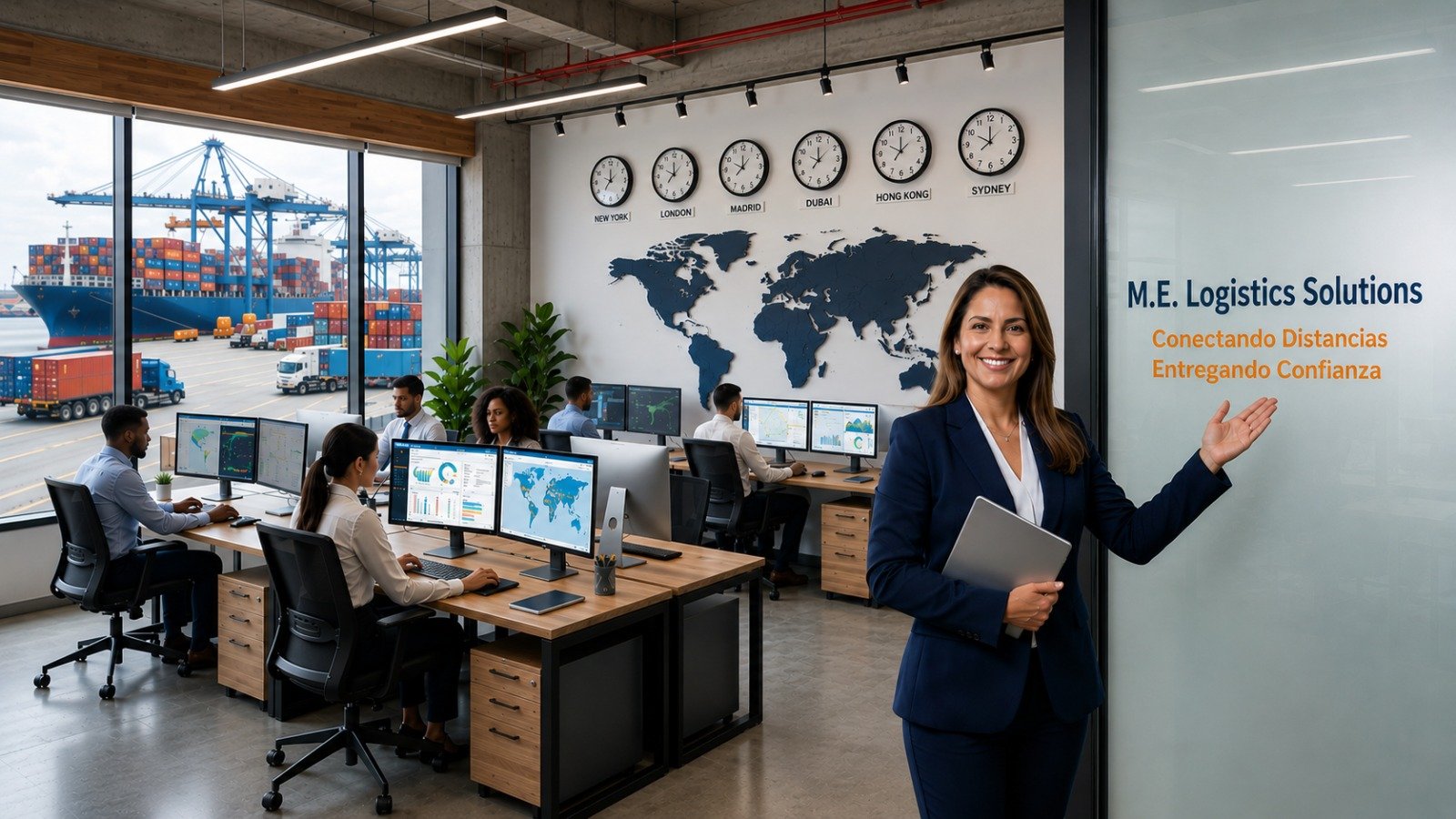 Equipo en oficina logística, pantallas con mapas y puertos